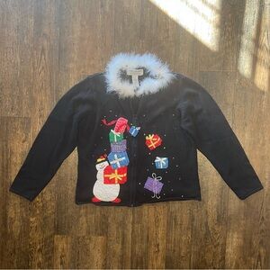 Heirloom Collectibles Christmas Black Snowman  Zip Cardigan Faux Fur Collar